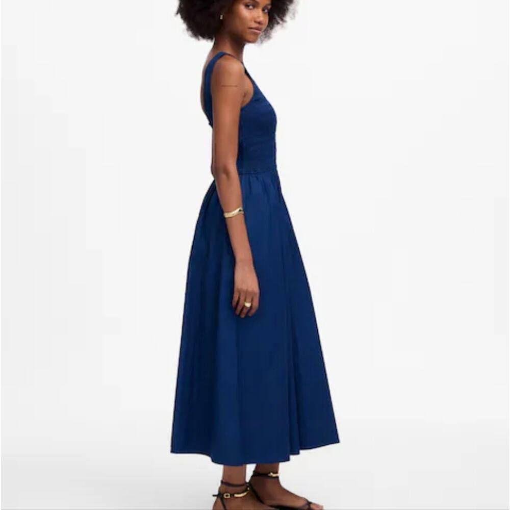NWT Madewell Melody Smocked Midi Dress XS | Blue Moon Cotton Poplin Pockets - Picture 3 of 12